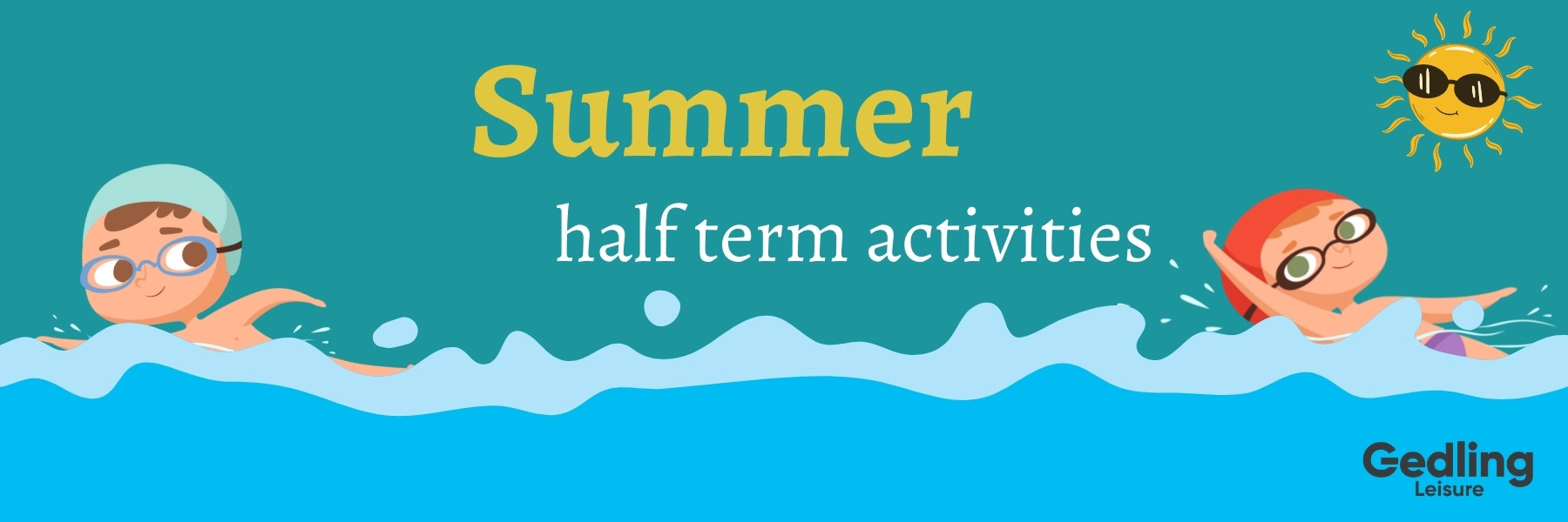 Illustration of two children swimming and a sun wearing sunglasses. Summer half term activities